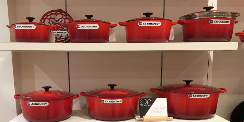 Le Creuset Cast iron enamel cookware in Cadmium red color