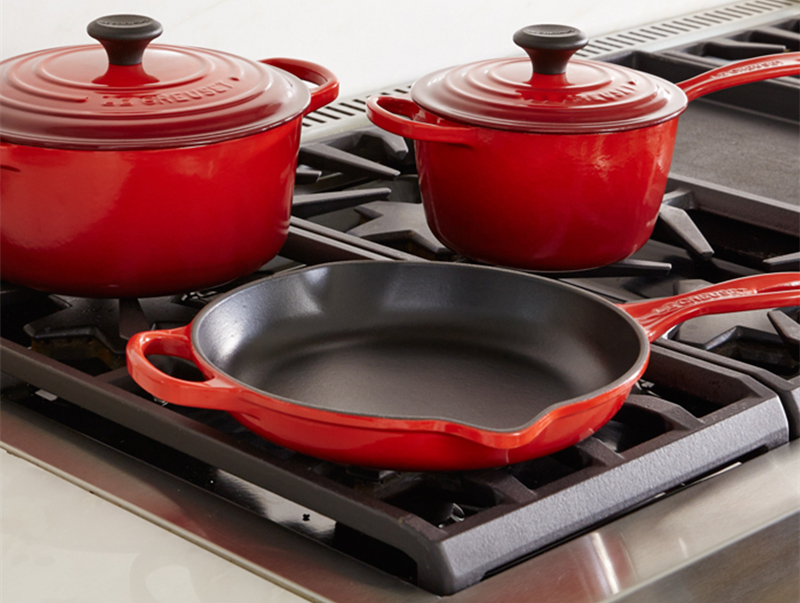 Cast iron enamel cookware and stove grill